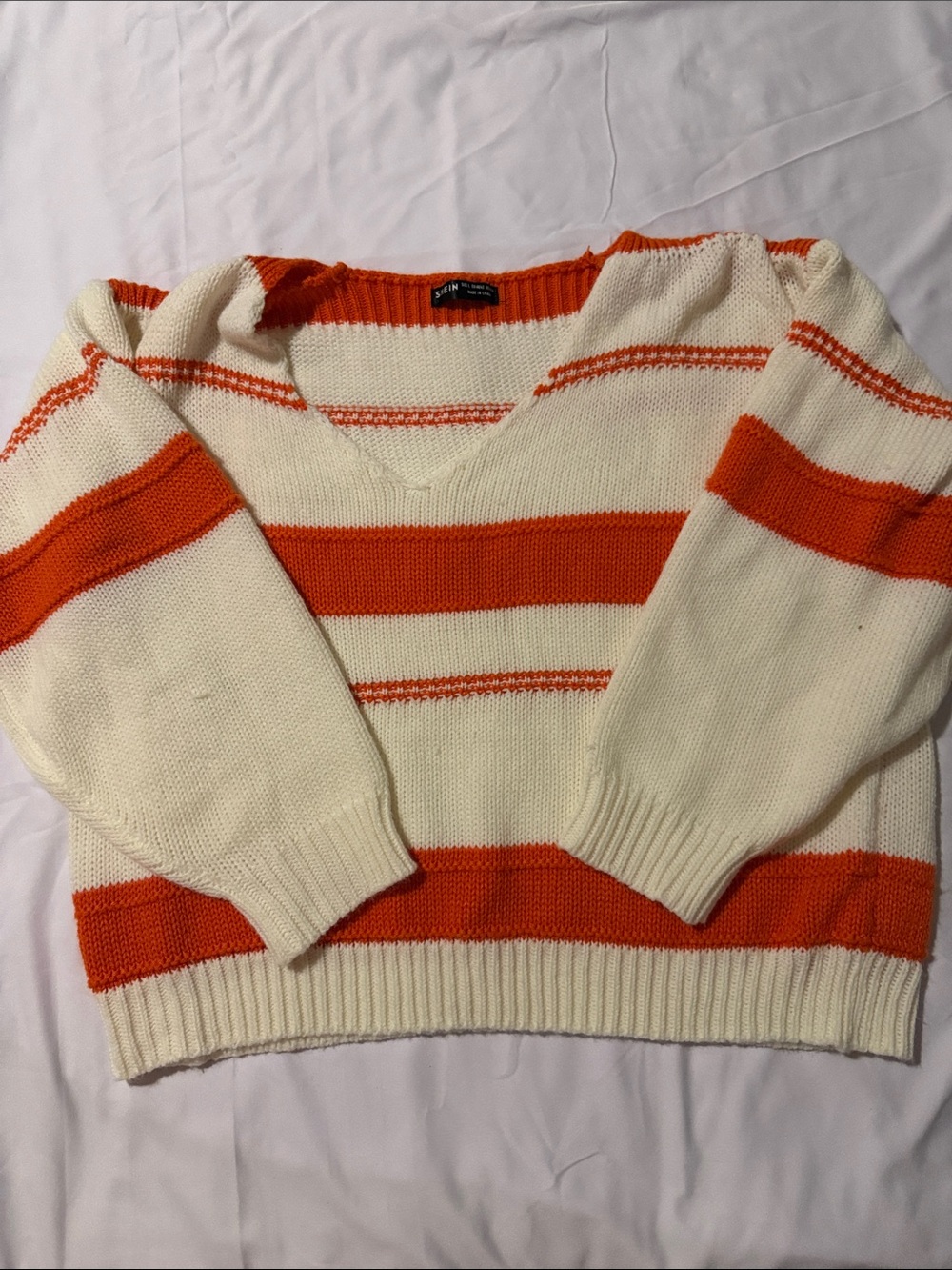 SHEIN Cream and Orange Striped V-Neck Sweater